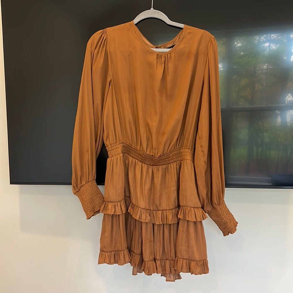 Brown/Caramel Mini Dress with Cinch Waist and Ruched Details